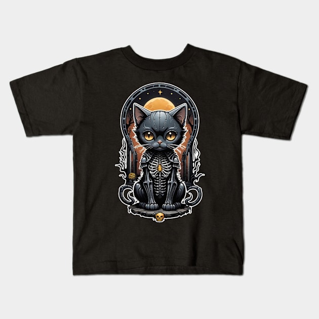 Black Skeleton Cat 1 Kids T-Shirt by Grave Digs